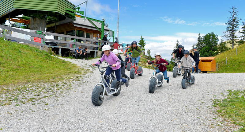 Familienausflug Monster-Trottikick. Mit den Monster-Trottinetts die Riggisalp hinunter sausen – ein Riesenspass für die ganze Familie! Geniesse die abwechslungsreiche Fahrt auf der 4 km langen Strecke (Kiesweg).