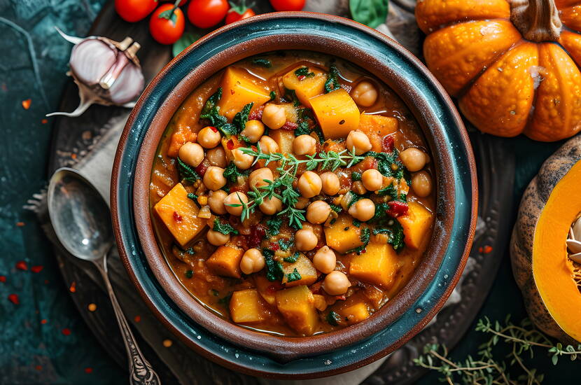 Ce potage épicé à la courge et aux pois chiches est un plat réconfortant et nourrissant, parfait pour les journées d'automne.