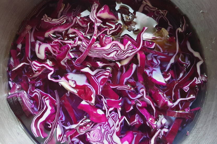 Chou rouge coupé en lanières et porté à ébullition dans une casserole d'eau.