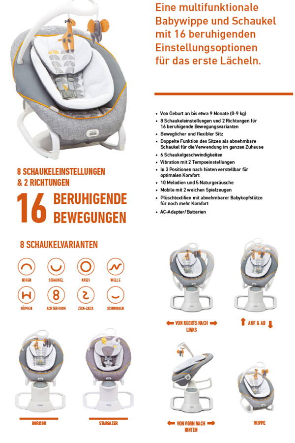 Über grenzenlosen Schaukelspass freuen sich Babys in der Babyschaukel Graco® All Ways Soother™. Bei acht verschiedenen Schaukelbewegungen in sechs Geschwindigkeitsstufen und zwei Richtungen – seitwärts oder von oben nach unten – findet jede Familie die für sie richtige Variante.